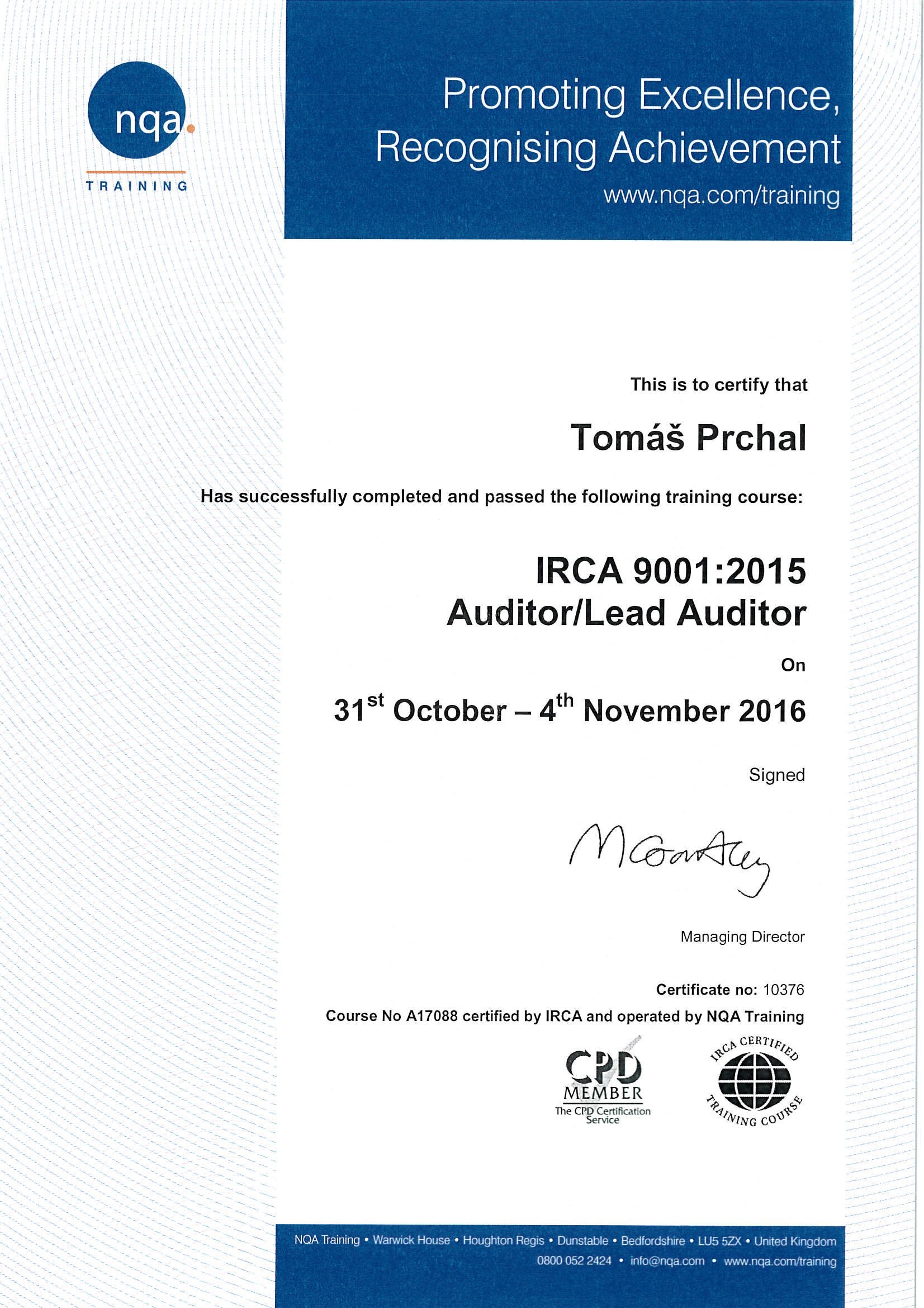 Získání certifikátu  IRCA Auditor/Lead Audior ISO 9001:2015